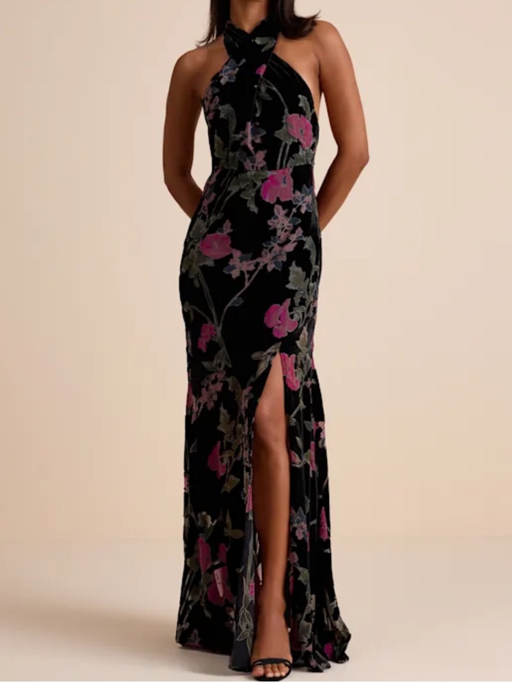 Lulu's Black Velvet Halter Maxi Dress with Pink Floral Print